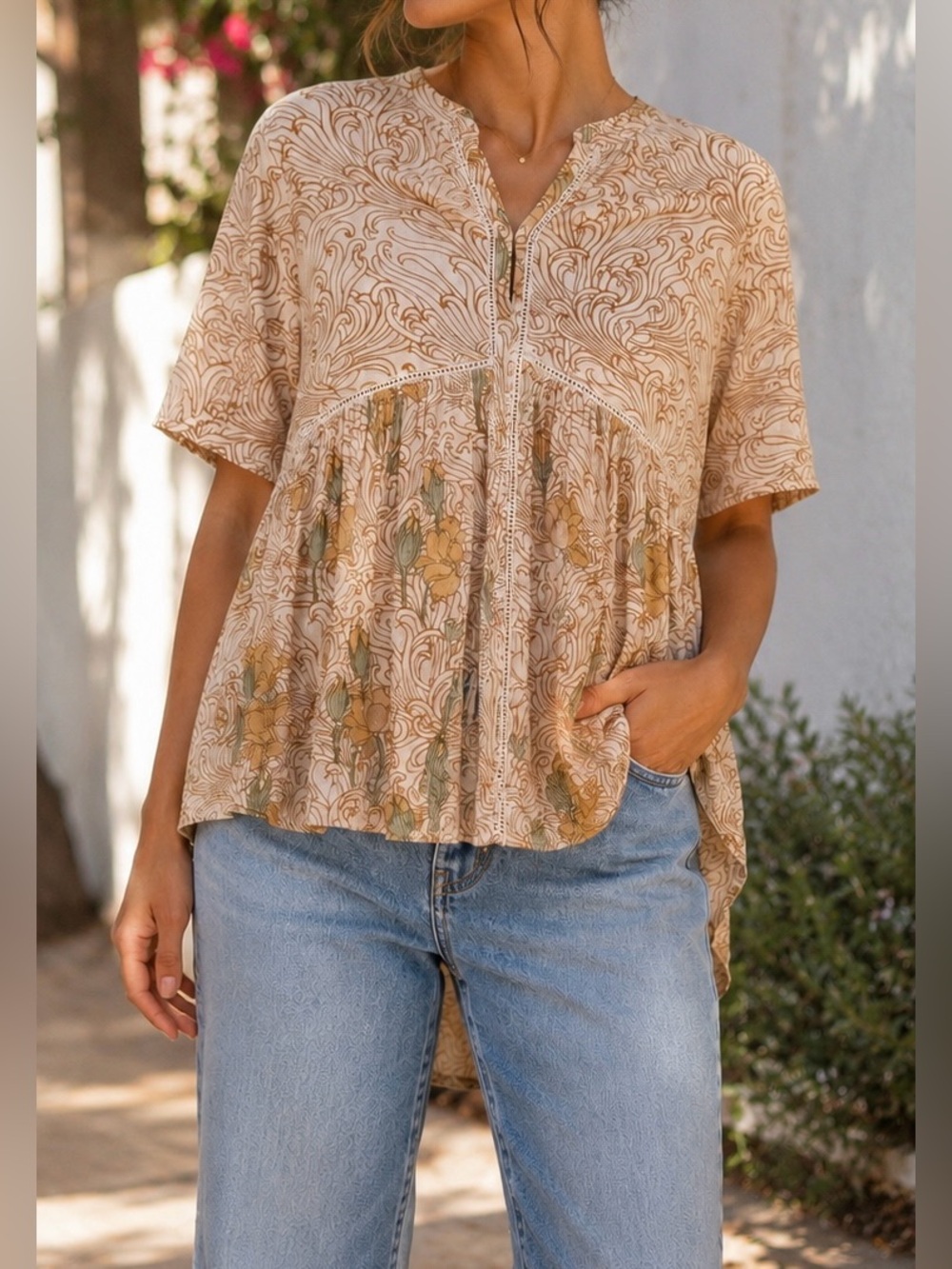 Akemi + Kin by Anthropologie Beige Floral Patchwork Button Down Blouse - Size M